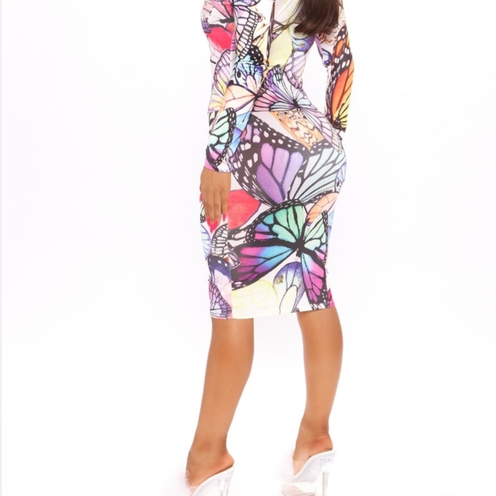 Fashion Nova Multicolor Butterfly Print Long Sleeve Dress